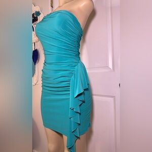 Allen Schwartz Privé Dress One Shoulder Turquoise Asymmetrical Ruffle